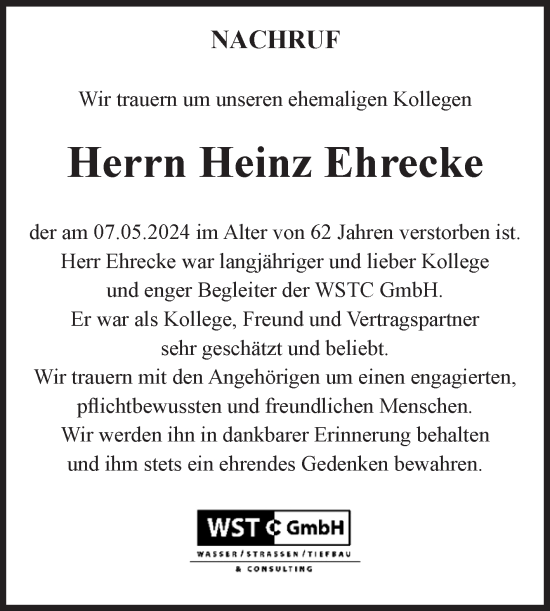 Traueranzeige von Heinz Ehrecke von Volksstimme Haldensleben/Wolmirstedt