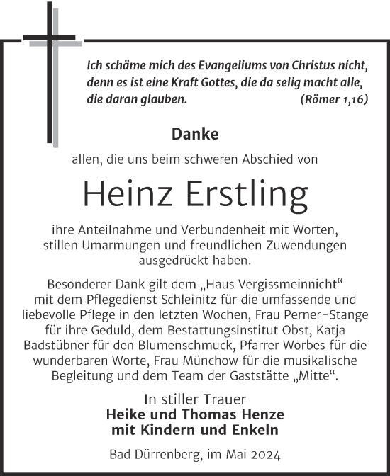 Traueranzeige von Heinz Erstling von Trauerkombi Merseburg