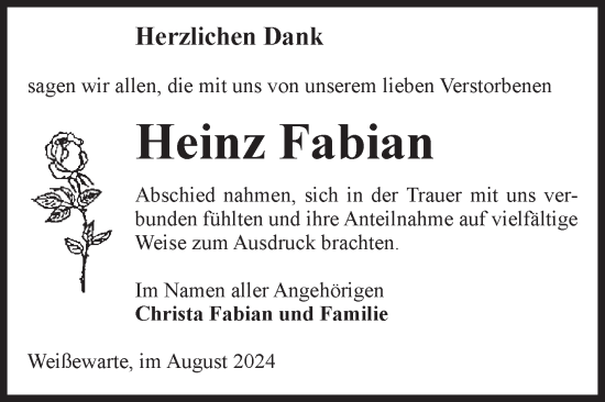Traueranzeige von Heinz Fabian von Volksstimme Altmark Ost
