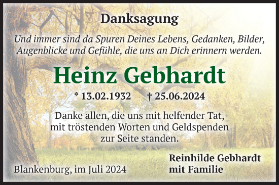 Traueranzeige von Heinz Gebhardt von Volksstimme Wernigerode
