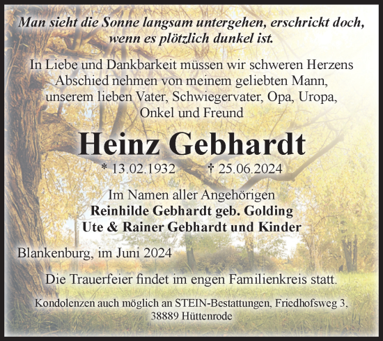 Traueranzeige von Heinz Gebhardt von Volksstimme Wernigerode
