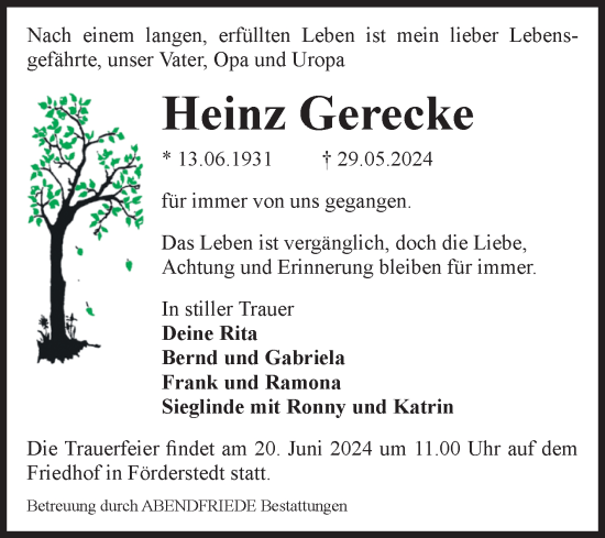 Traueranzeige von Heinz Gerecke von Volksstimme Staßfurt
