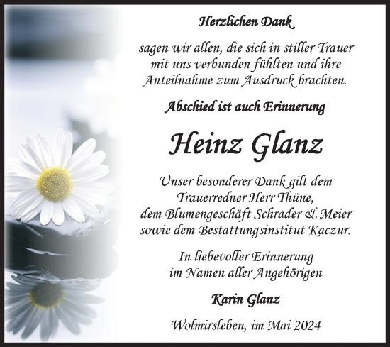 Traueranzeige von Heinz Glanz von Volksstimme Staßfurt