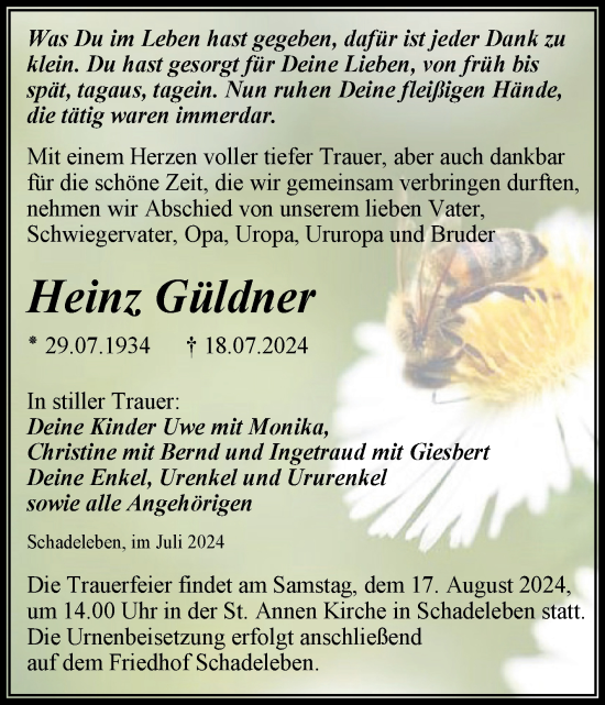 Traueranzeige von Heinz Güldner von Trauerkombi Aschersleben
