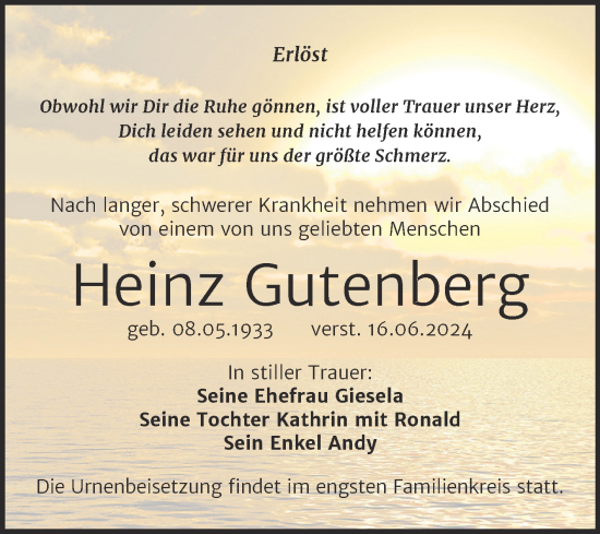 Traueranzeige von Heinz Gutenberg von Trauerkombi Weißenfels