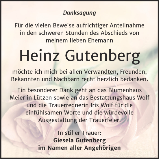Traueranzeige von Heinz Gutenberg von Trauerkombi Weißenfels
