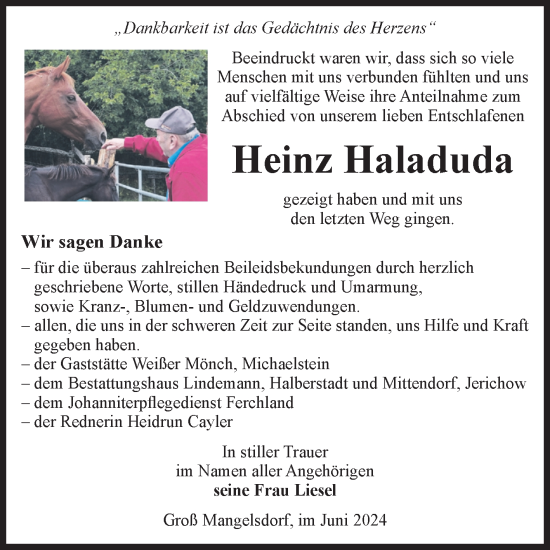 Traueranzeige von Heinz Haladuda von Volksstimme Burg/Genthin