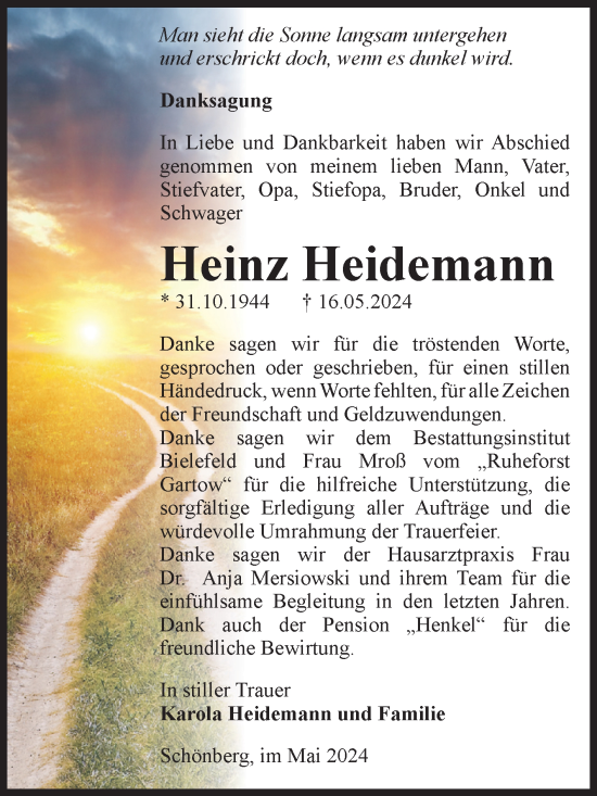 Traueranzeige von Heinz Heidemann von Volksstimme Altmark Ost