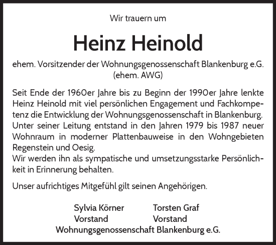 Traueranzeige von Heinz Heinold von Volksstimme Wernigerode