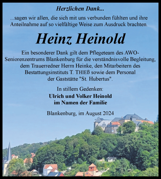 Traueranzeige von Heinz Heinold von Volksstimme Wernigerode