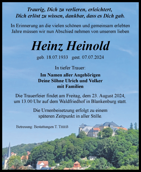 Traueranzeige von Heinz Heinold von Volksstimme Wernigerode