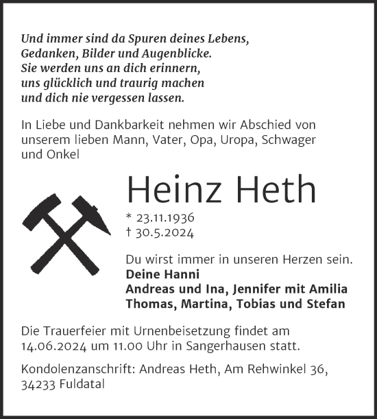 Traueranzeige von Heinz Heth von Trauerkombi Sangerhausen