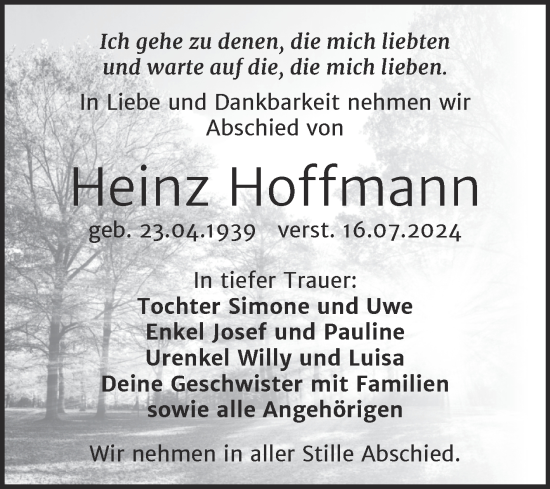 Traueranzeige von Heinz Hoffmann von Trauerkombi Zeitz