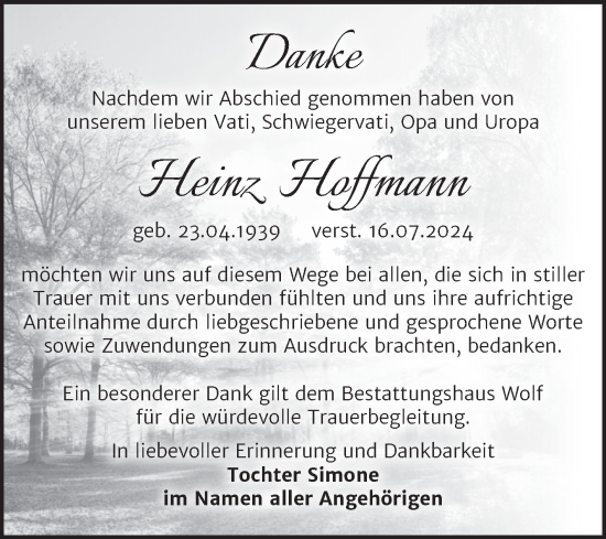 Traueranzeige von Heinz Hoffmann von Trauerkombi Zeitz