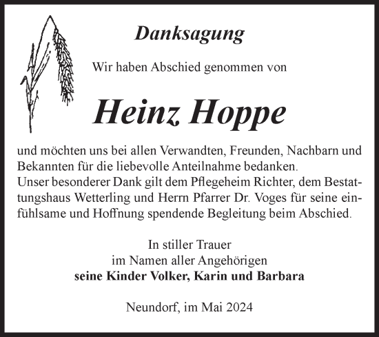 Traueranzeige von Heinz Hoppe von Volksstimme Staßfurt