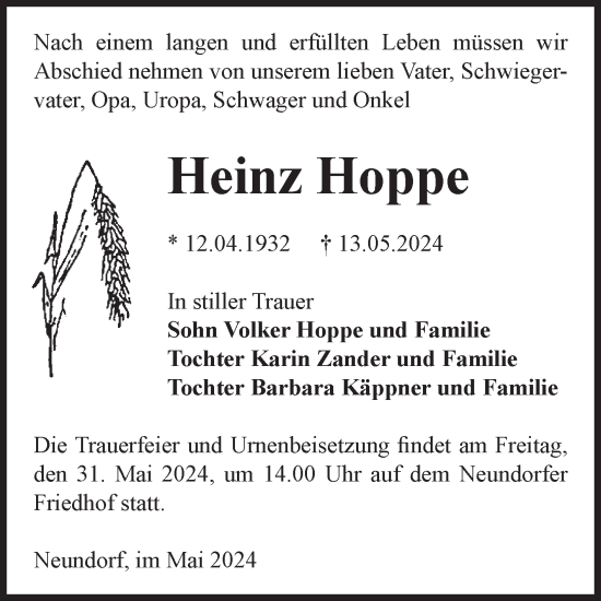 Traueranzeige von Heinz Hoppe von Volksstimme Staßfurt