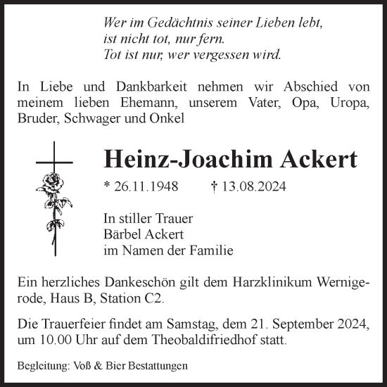Traueranzeige von Heinz-Joachim Ackert von Volksstimme Wernigerode