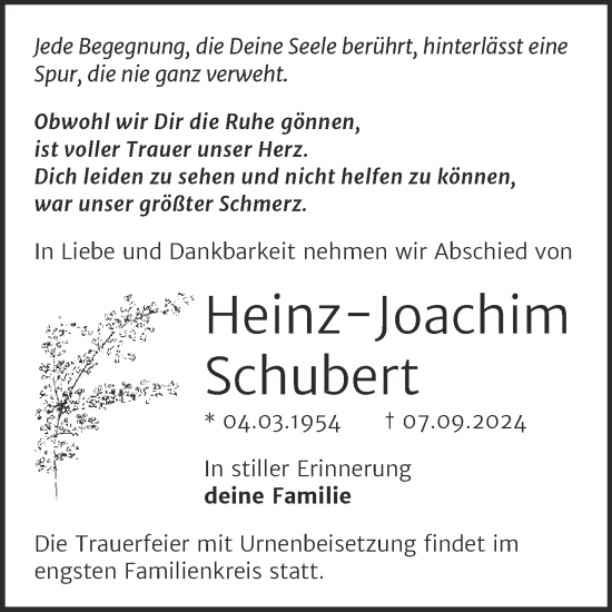 Traueranzeige von Heinz-Joachim Schubert von Trauerkombi Bernburg
