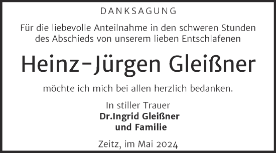 Traueranzeige von Heinz-Jürgen Gleißner von Trauerkombi Zeitz