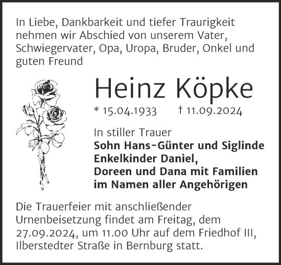 Traueranzeige von Heinz Köpke von Trauerkombi Bernburg