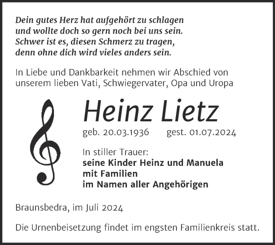 Traueranzeige von Heinz Lietz von Trauerkombi Merseburg