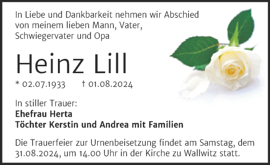 Traueranzeige von Heinz Lill von Mitteldeutsche Zeitung Halle/Saalkreis