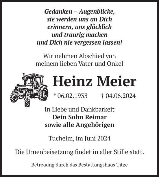 Traueranzeige von Heinz Meier von Volksstimme Burg/Genthin