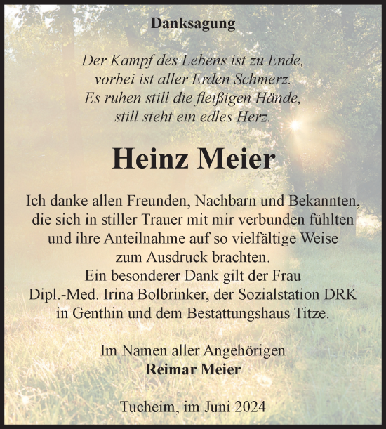 Traueranzeige von Heinz Meier von Volksstimme Burg/Genthin