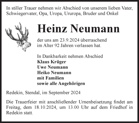 Traueranzeige von Heinz Neumann von Volksstimme Burg/Genthin
