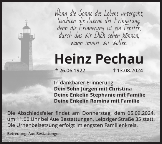 Traueranzeige von Heinz Pechau von Volksstimme Magdeburg