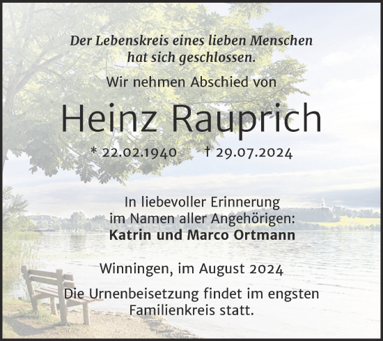 Traueranzeige von Heinz Rauprich von Trauerkombi Aschersleben