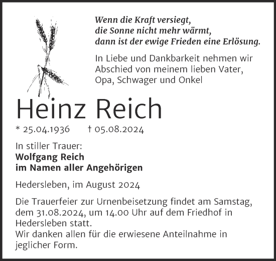 Traueranzeige von Heinz Reich von Trauerkombi Mansfelder Land