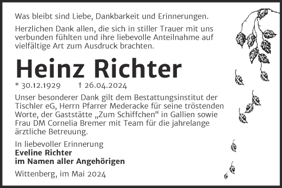 Traueranzeige von Heinz Richter von Trauerkombi Wittenberg