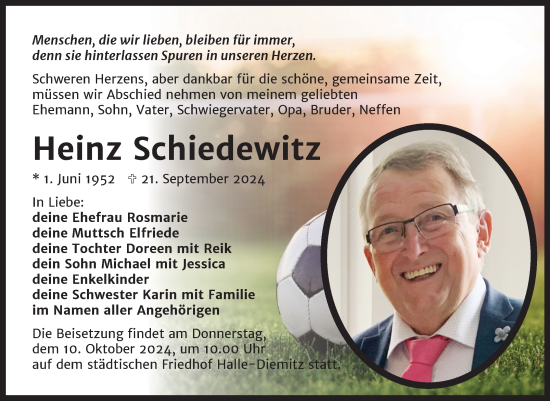 Traueranzeige von Heinz Schiedewitz von Mitteldeutsche Zeitung Halle/Saalkreis