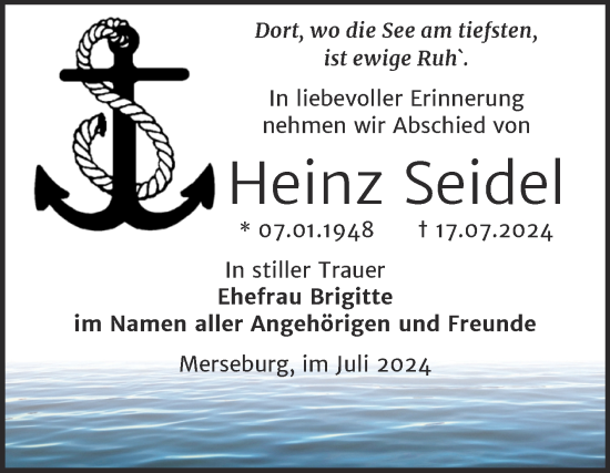 Traueranzeige von Heinz Seidel von Trauerkombi Merseburg