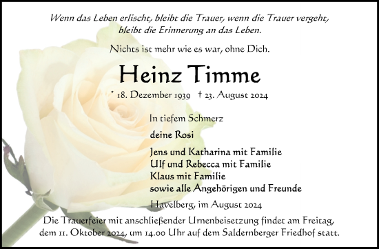 Traueranzeige von Heinz Timme von Volksstimme Altmark Ost