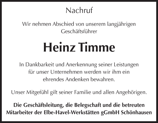 Traueranzeige von Heinz Timme von Volksstimme Altmark Ost