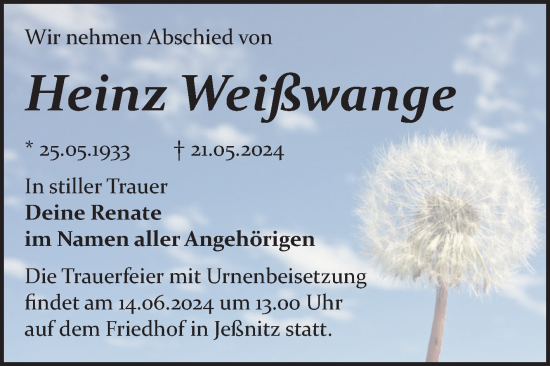 Traueranzeige von Heinz Weißwange von Trauerkombi Bitterfeld