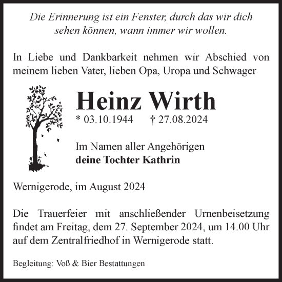 Traueranzeige von Heinz Wirth von Volksstimme Wernigerode