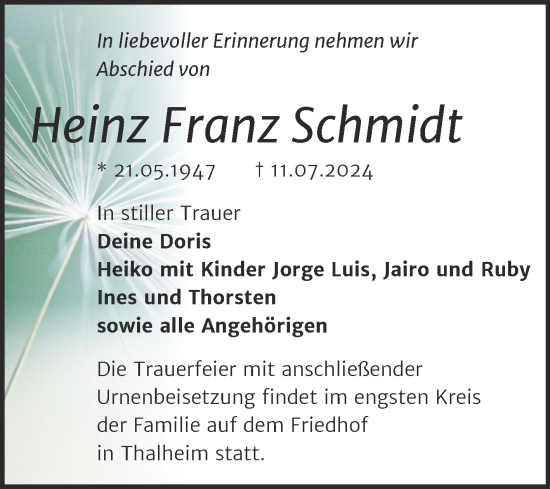 Traueranzeige von Heinz Franz Schmidt von Trauerkombi Bitterfeld
