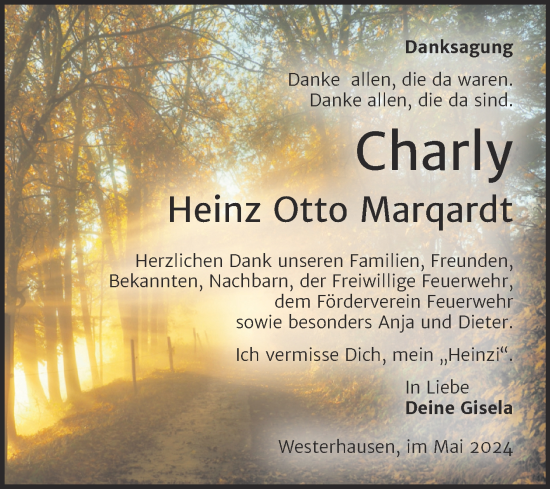 Traueranzeige von Heinz Otto Marqardt von Trauerkombi Quedlinburg