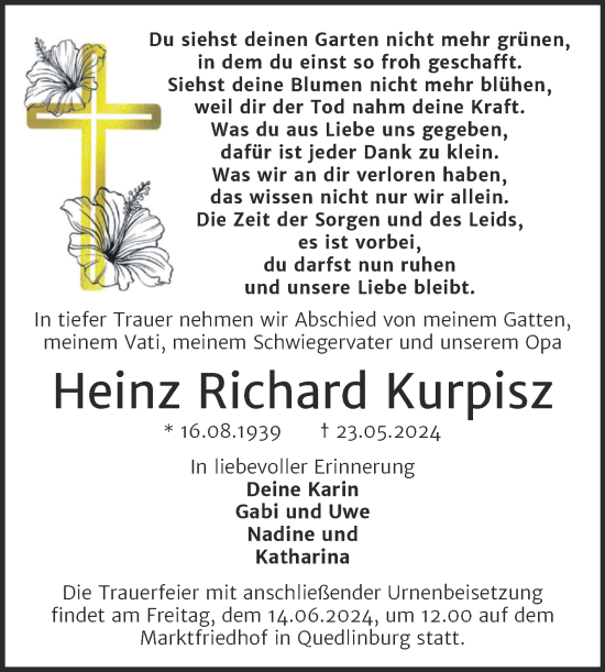 Traueranzeige von Heinz Richard Kurpisz von Trauerkombi Quedlinburg