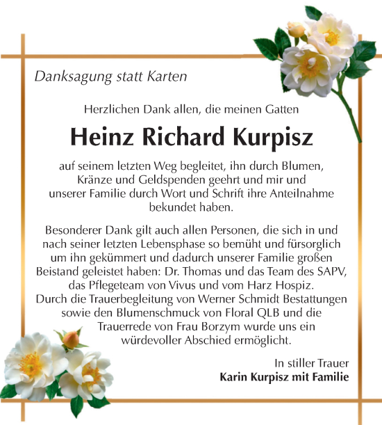 Traueranzeige von Heinz Richard Kurpisz von Trauerkombi Quedlinburg