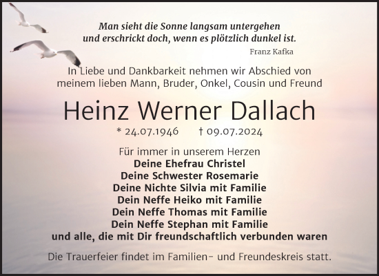 Traueranzeige von Heinz Werner Dallach von Trauerkombi Dessau