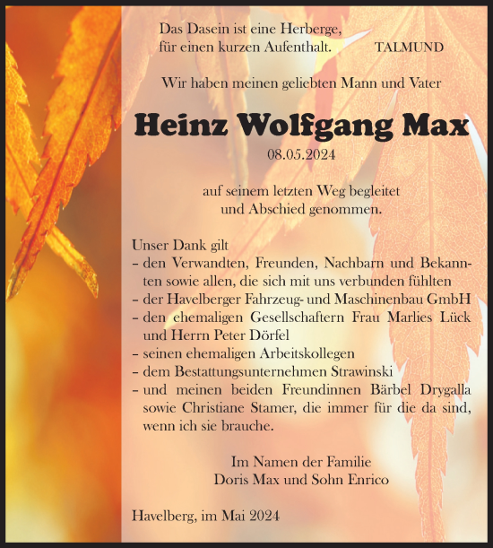 Traueranzeige von Heinz Wolfgang Max von Volksstimme Altmark Ost