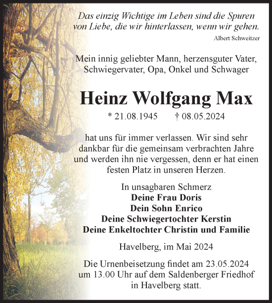 Traueranzeige von Heinz Wolfgang Max von Volksstimme Altmark Ost