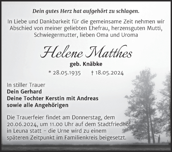 Traueranzeige von Helene Matthes von Trauerkombi Merseburg