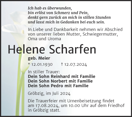 Traueranzeige von Helene Scharfen von Trauerkombi Köthen