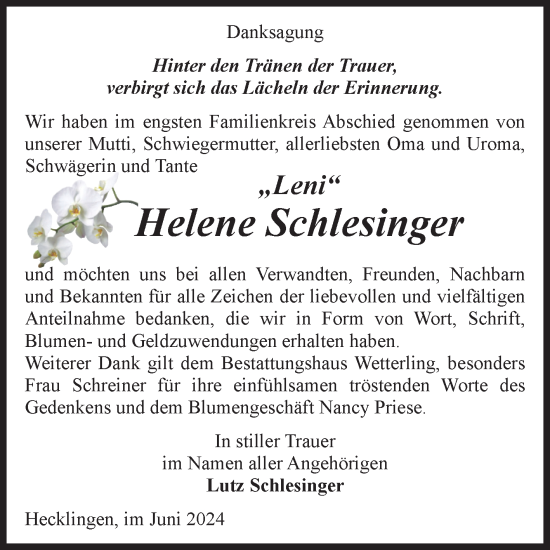 Traueranzeige von Helene Schlesinger von Volksstimme Staßfurt