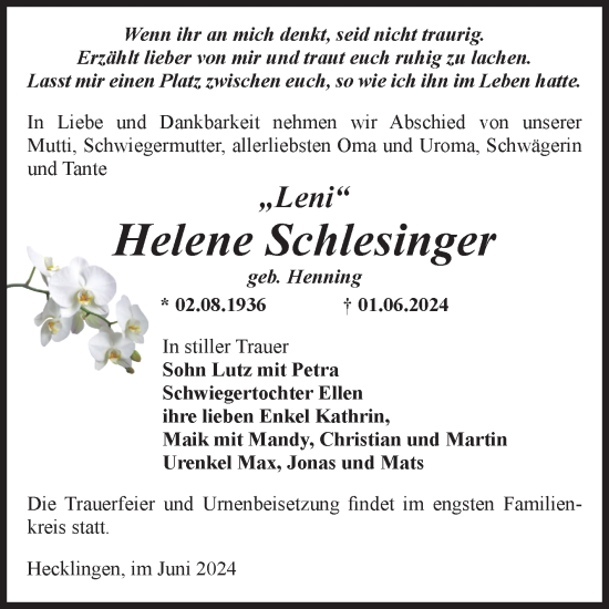 Traueranzeige von Helene Schlesinger von Volksstimme Staßfurt